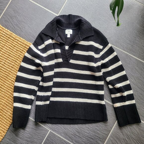 H&M Black/White Striped Chunky Ribbed Knit Polo Sweater Size Small - Picture 6 of 10